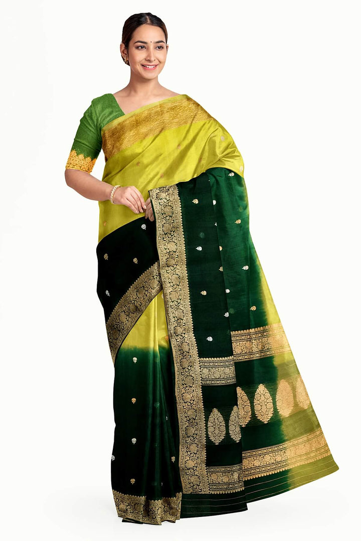 Banarasi kora (organza)  silk saree in  dark green