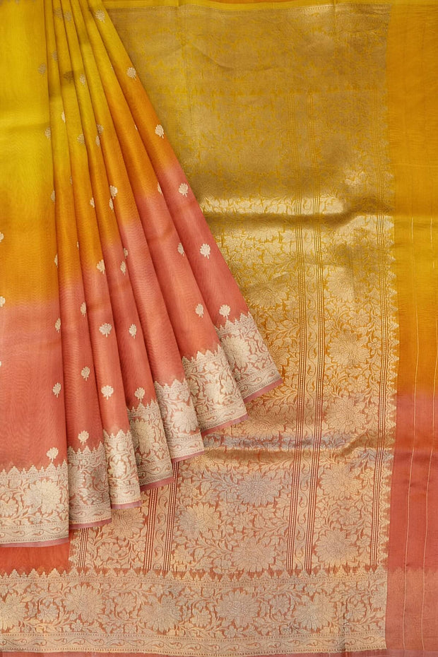 Banarasi kora (organza)  silk saree in  peach & orange
