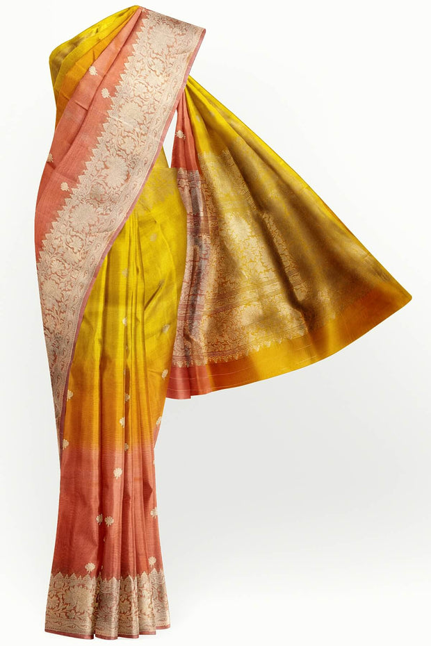 Banarasi kora (organza)  silk saree in  peach & orange