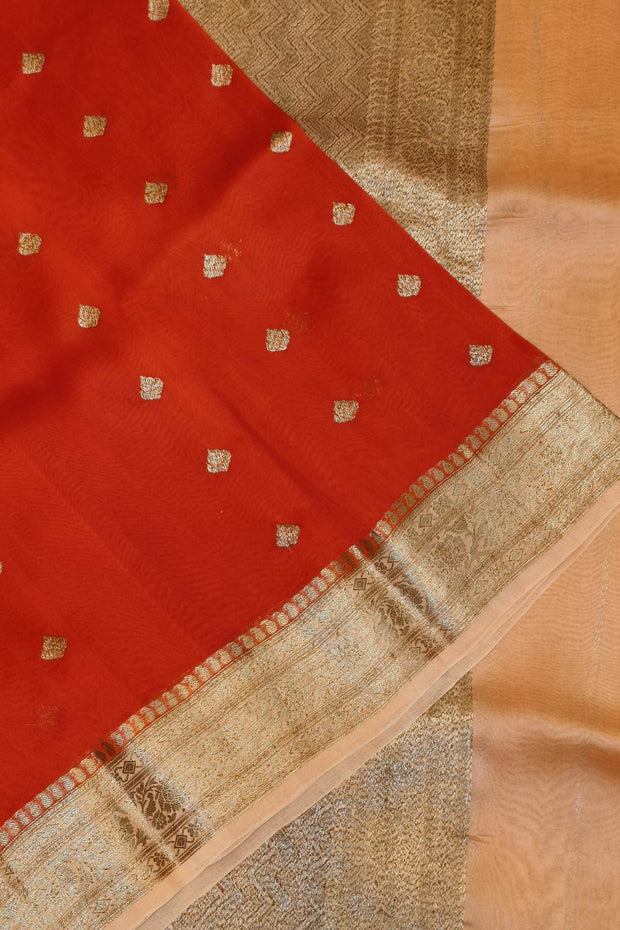 Banarasi kora (organza)  silk saree in  red  with motifs
