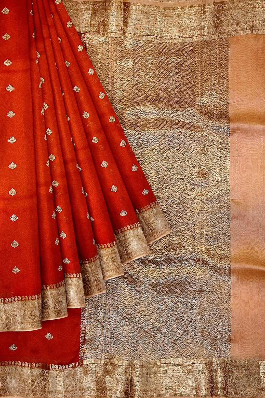 Banarasi kora (organza)  silk saree in  red  with motifs