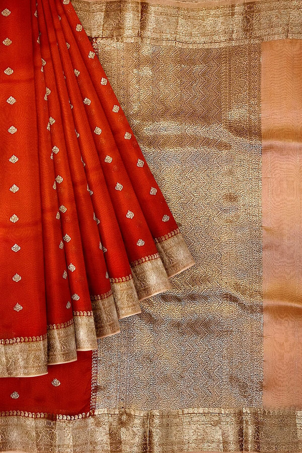 Banarasi kora (organza)  silk saree in  red  with motifs