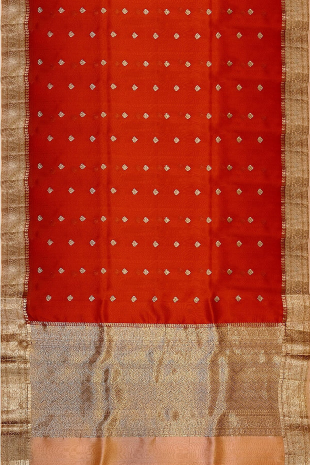Banarasi kora (organza)  silk saree in  red  with motifs