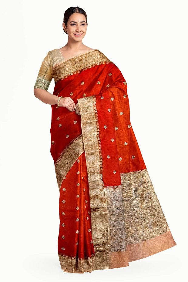 Banarasi kora (organza)  silk saree in  red  with motifs