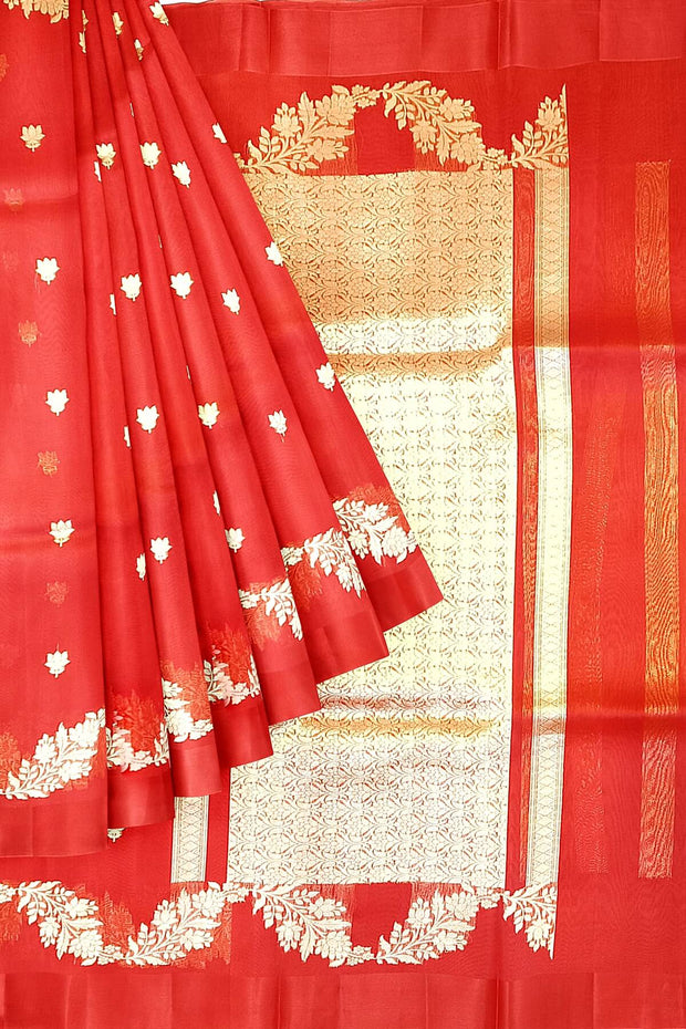 Banarasi kora (organza)  silk saree in  red  with motifs