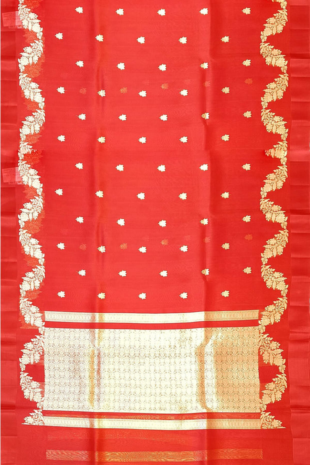 Banarasi kora (organza)  silk saree in  red  with motifs