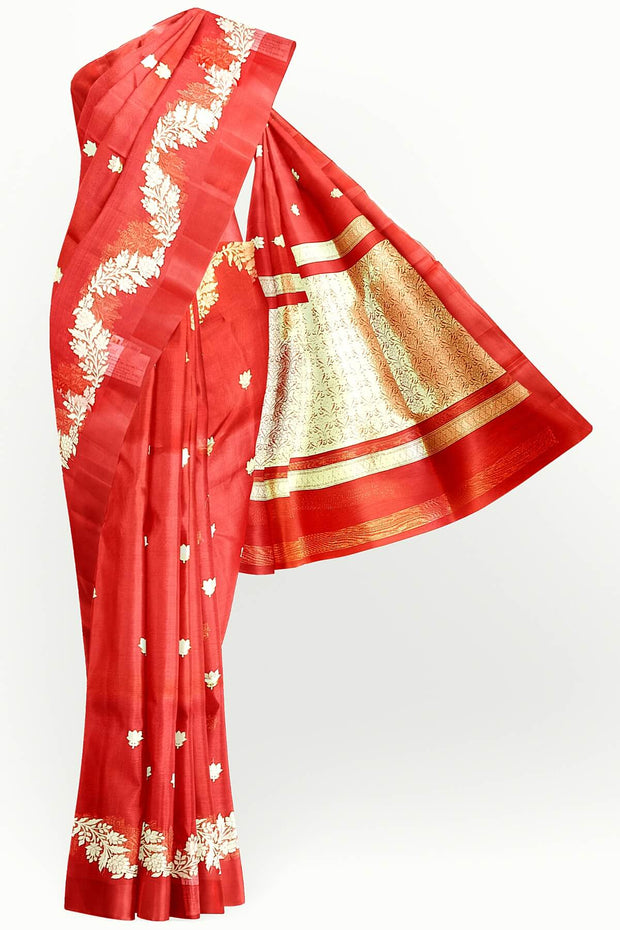 Banarasi kora (organza)  silk saree in  red  with motifs