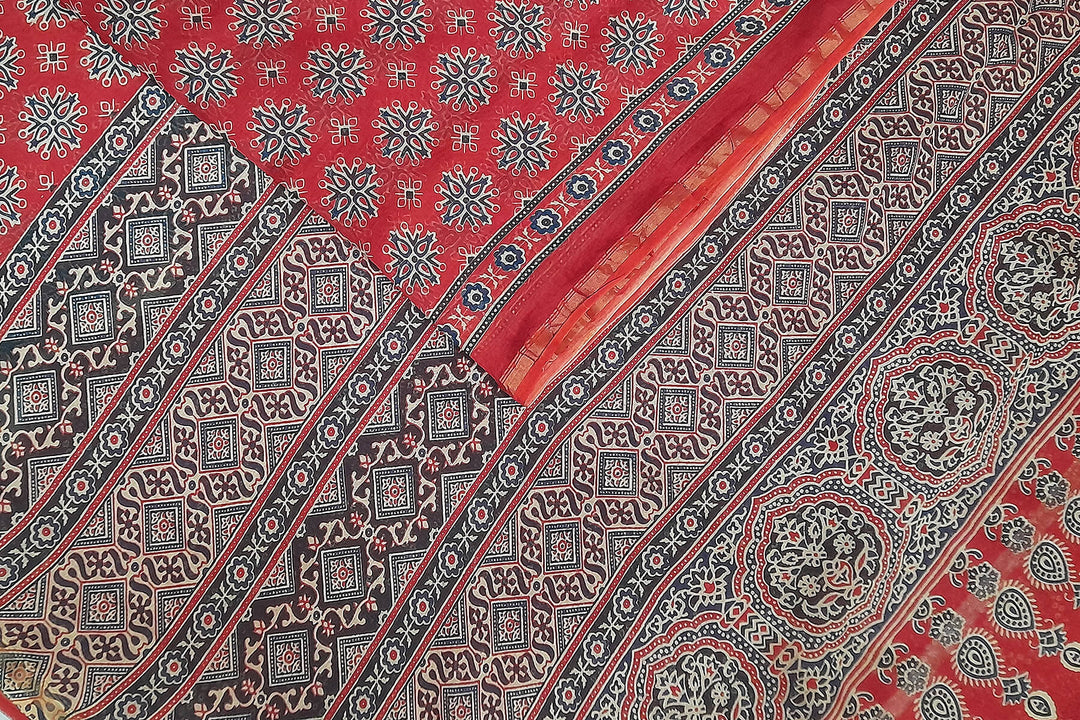 Hand block Bagru print on Chanderi  silk cotton saree in red