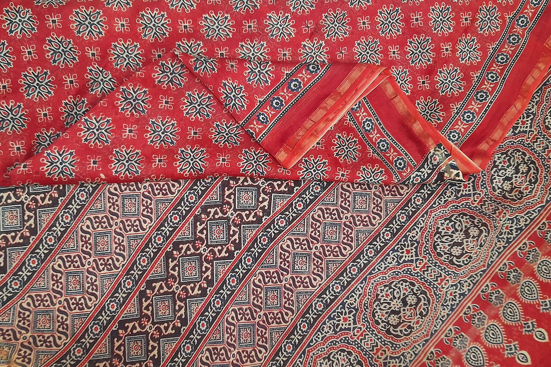 Hand block Bagru print on Chanderi  silk cotton saree in red