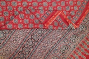 Chanderi hand block printed silk cotton saree in red