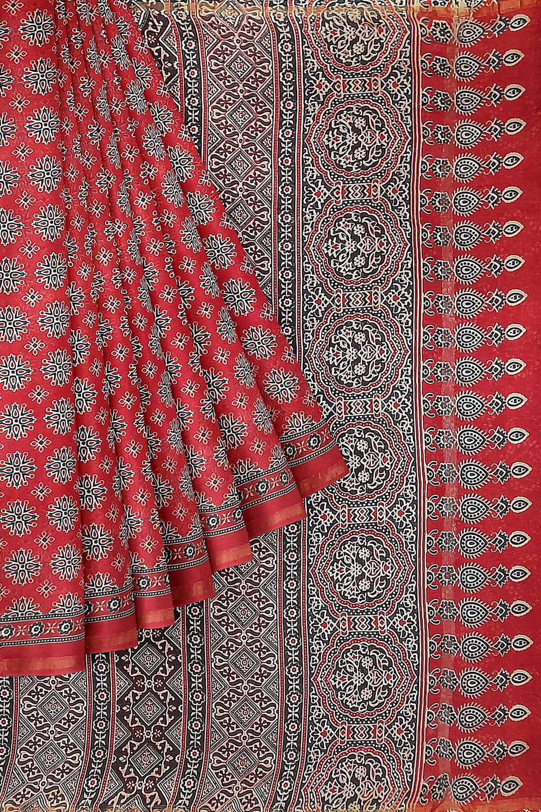 Hand block Bagru print on Chanderi  silk cotton saree in red