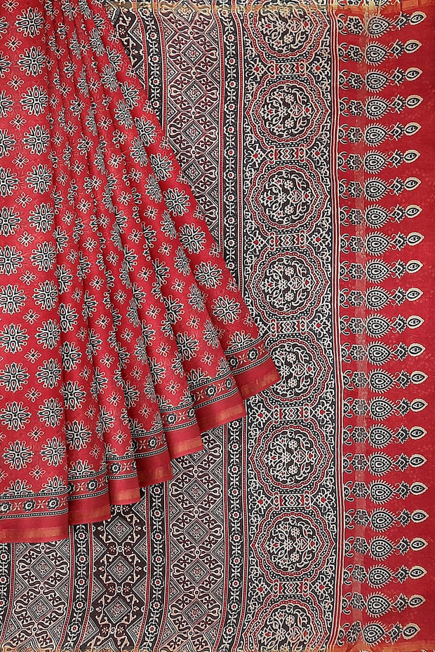 Chanderi hand block printed silk cotton saree in red