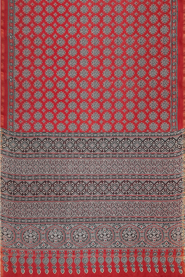 Chanderi hand block printed silk cotton saree in red