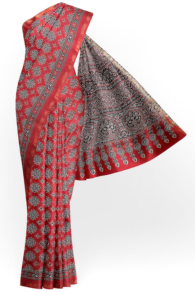 Chanderi hand block printed silk cotton saree in red