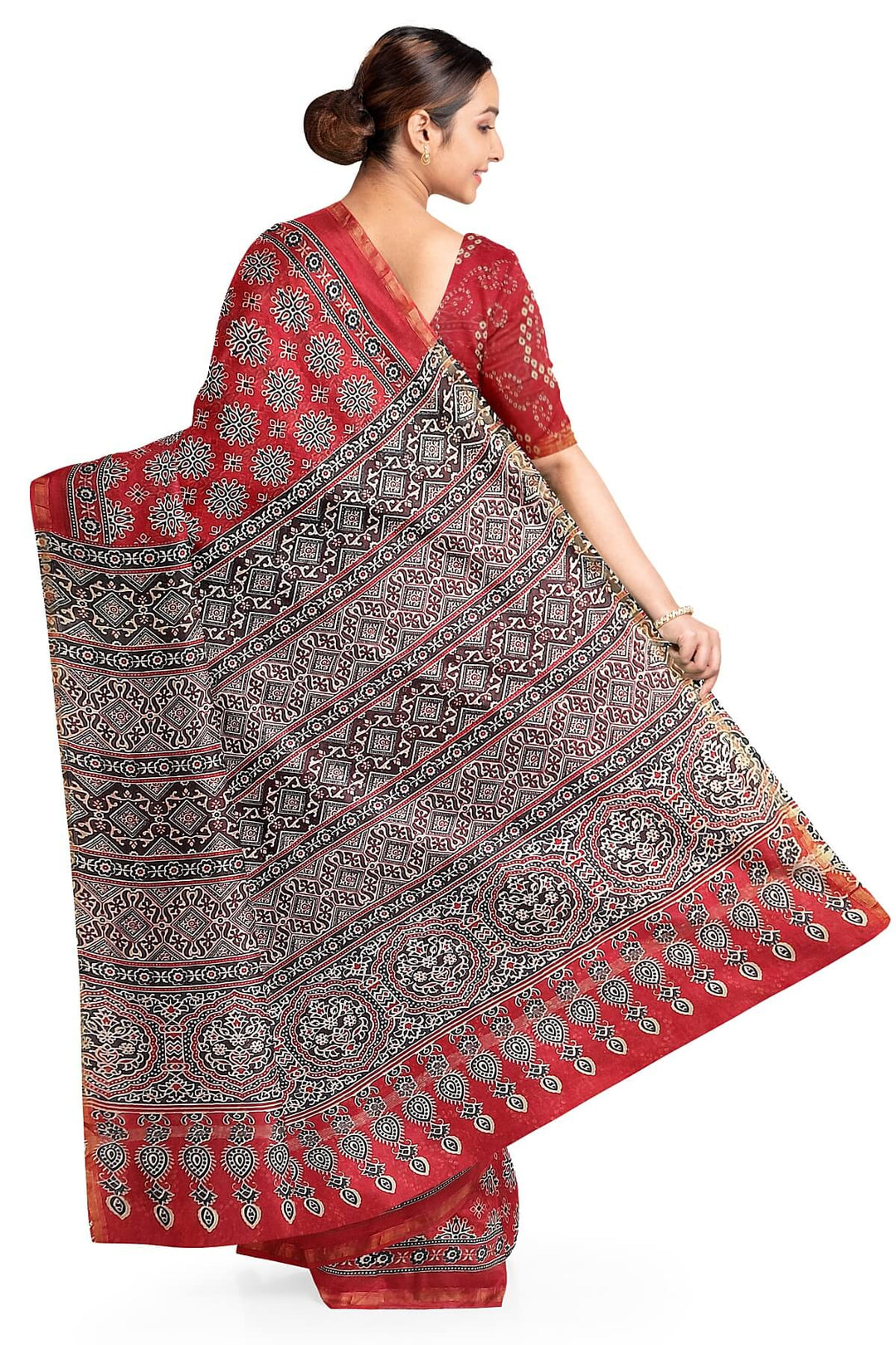 Hand block Bagru print on Chanderi  silk cotton saree in red