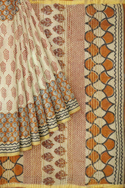 Hand block Bagru print on Chanderi  silk cotton saree in beige