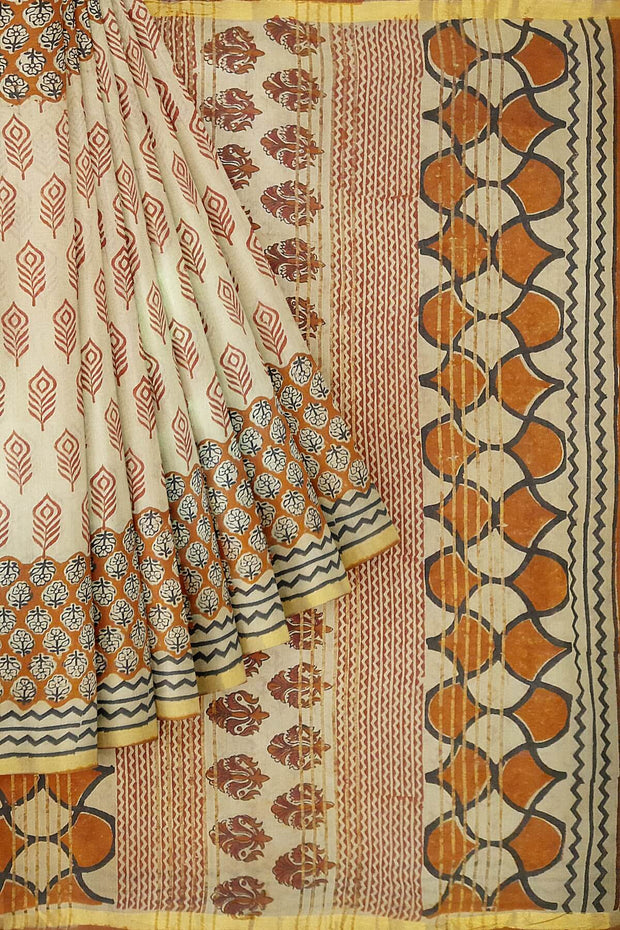 Hand block Bagru print on Chanderi  silk cotton saree in beige