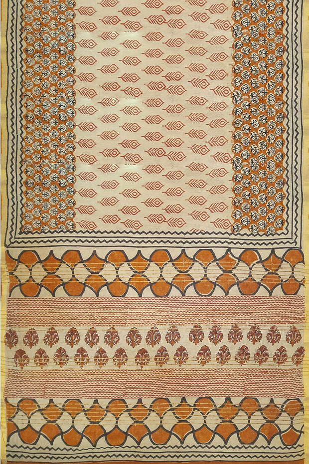 Hand block Bagru print on Chanderi  silk cotton saree in beige