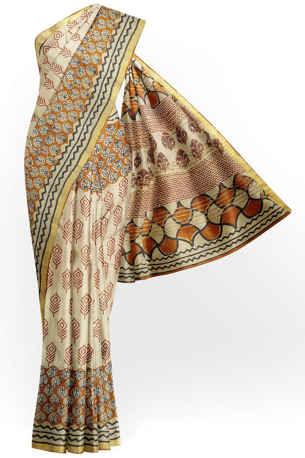 Hand block Bagru print on Chanderi  silk cotton saree in beige