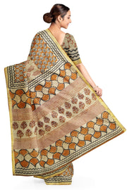 Hand block Bagru print on Chanderi  silk cotton saree in beige