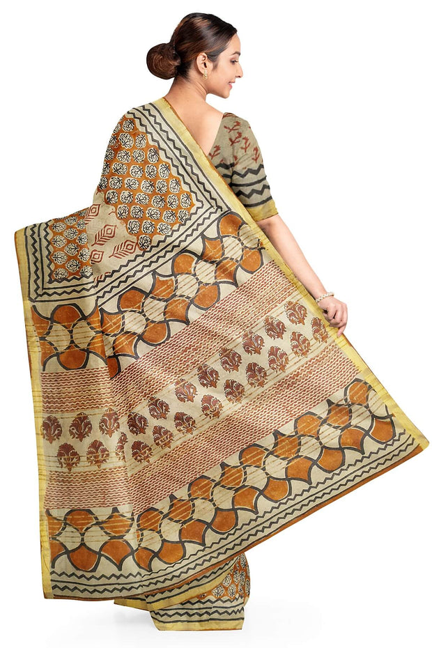 Hand block Bagru print on Chanderi  silk cotton saree in beige