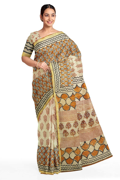 Hand block Bagru print on Chanderi  silk cotton saree in beige