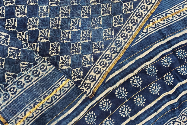 Chanderi hand block printed silk cotton saree in indigo
