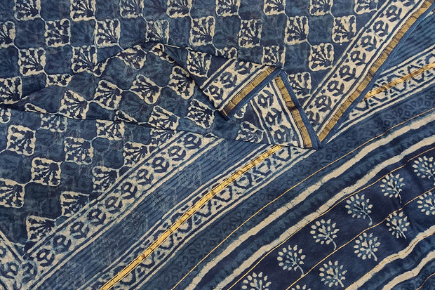 Chanderi hand block printed silk cotton saree in indigo