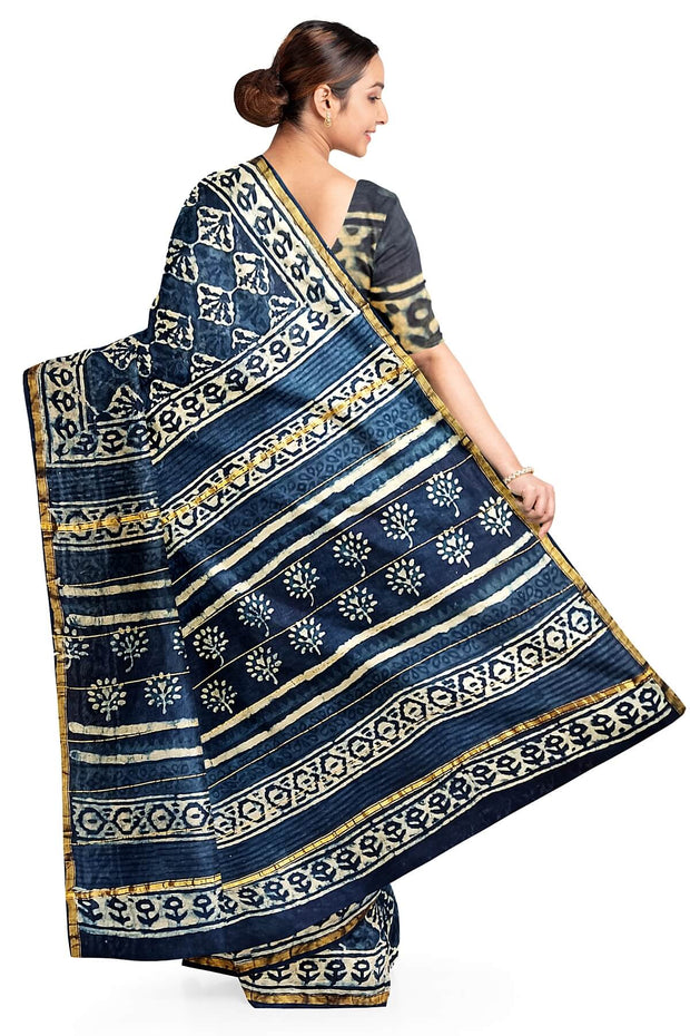 Chanderi hand block printed silk cotton saree in indigo