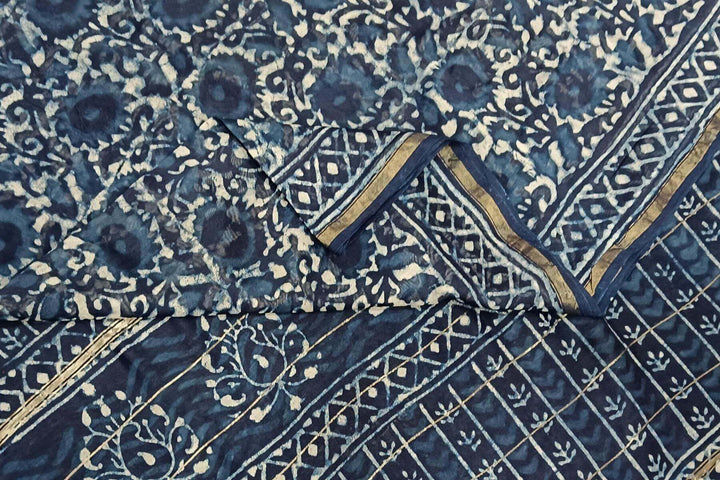 Hand block Bagru print on Chanderi silk cotton saree