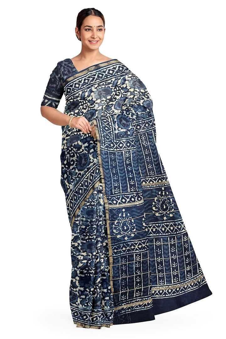 Hand block Bagru print on Chanderi silk cotton saree