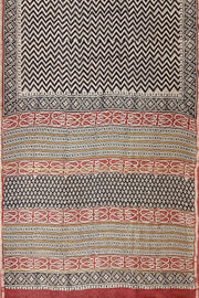 Hand block Bagru print on Chanderi silk cotton saree in off white with zig zag pattern