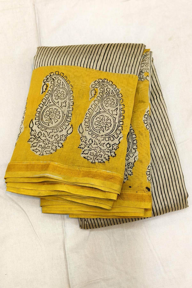 Bagru hand block print on Chanderi silk cotton saree in  off white