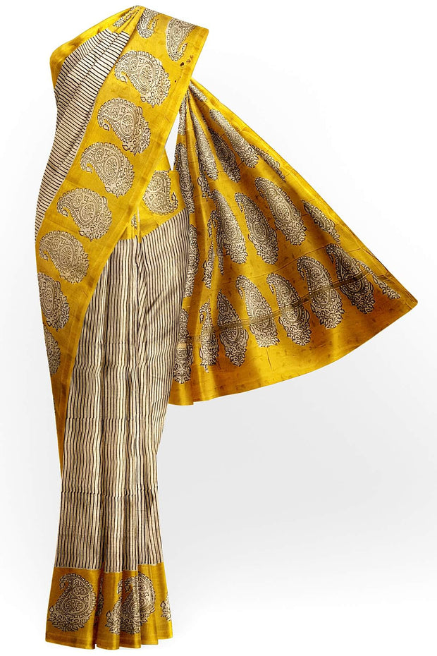 Bagru hand block print on Chanderi silk cotton saree in  off white