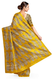 Bagru hand block print on Chanderi silk cotton saree in  off white