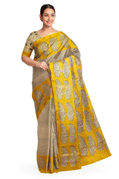Bagru hand block print on Chanderi silk cotton saree in  off white