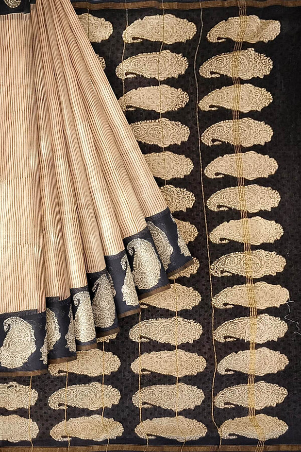 Bagru hand block print on Chanderi silk cotton saree in  stripes