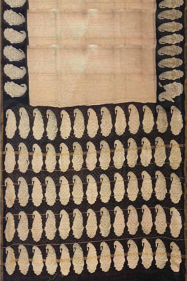 Bagru hand block print on Chanderi silk cotton saree in  stripes