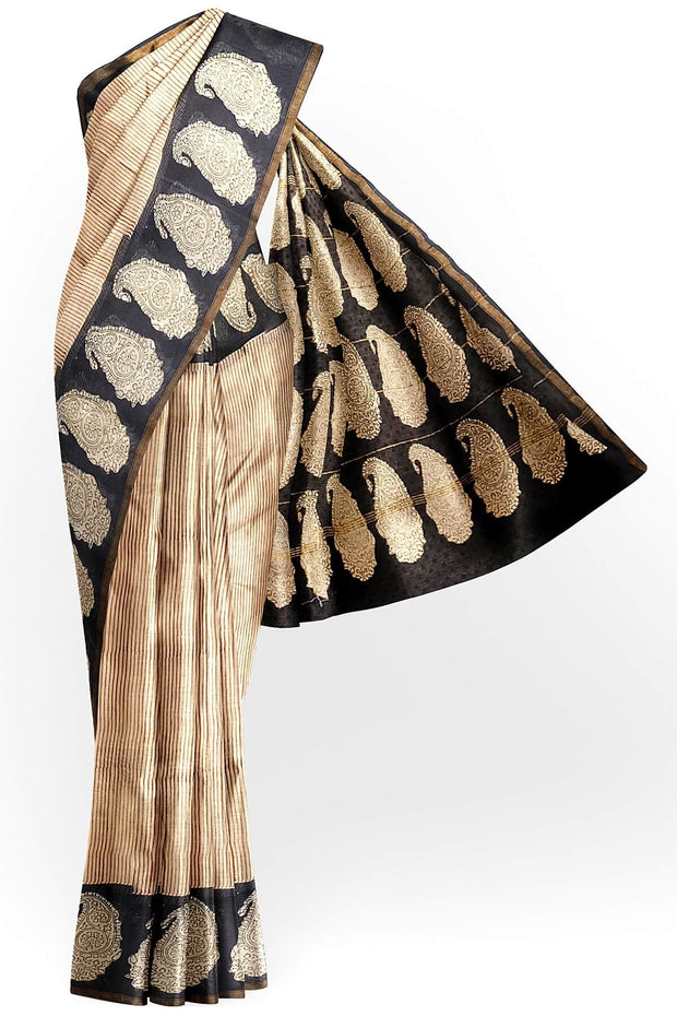Bagru hand block print on Chanderi silk cotton saree in  stripes