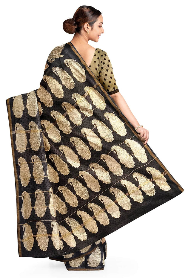 Bagru hand block print on Chanderi silk cotton saree in  stripes