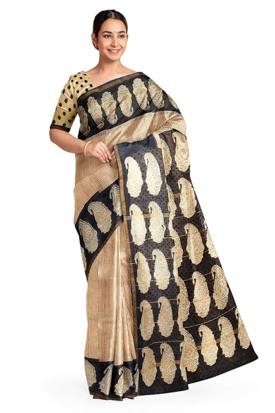Bagru hand block print on Chanderi silk cotton saree in  stripes
