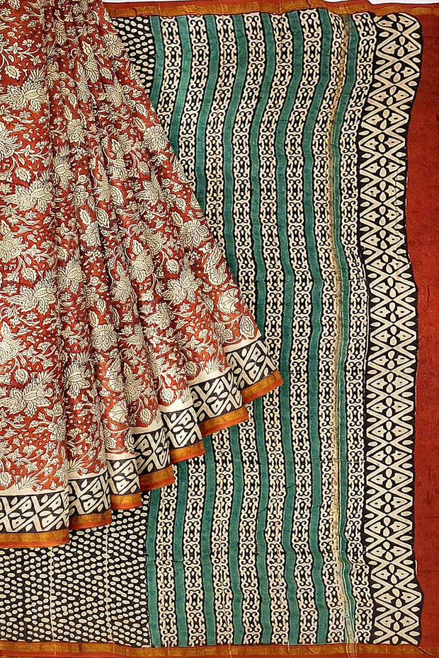 Bagru hand block print on Chanderi silk cotton saree in  maroon