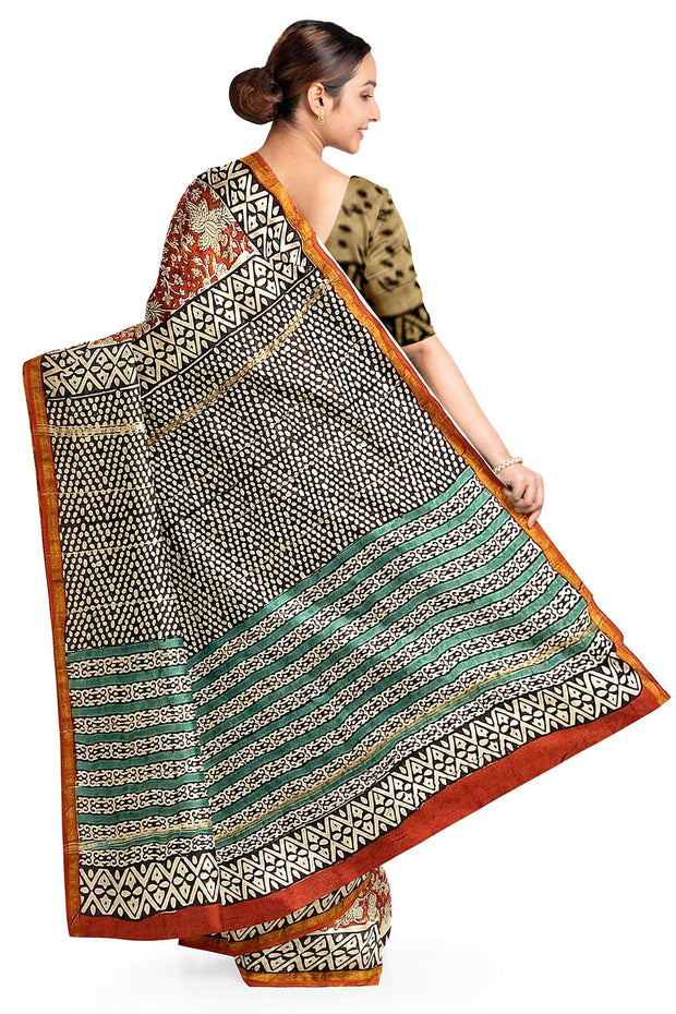 Bagru hand block print on Chanderi silk cotton saree in  maroon