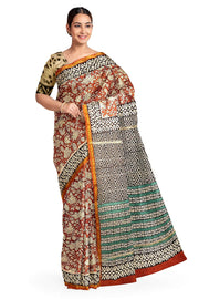 Bagru hand block print on Chanderi silk cotton saree in  maroon