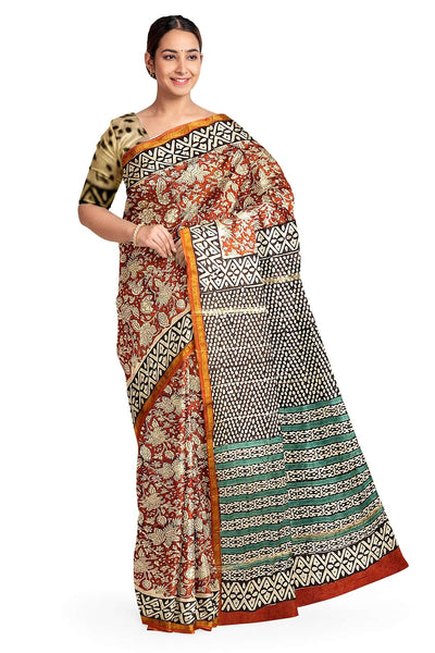 Bagru hand block print on Chanderi silk cotton saree in  maroon