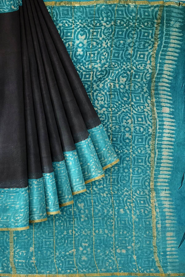 Bagru hand block print on Chanderi silk cotton saree in black