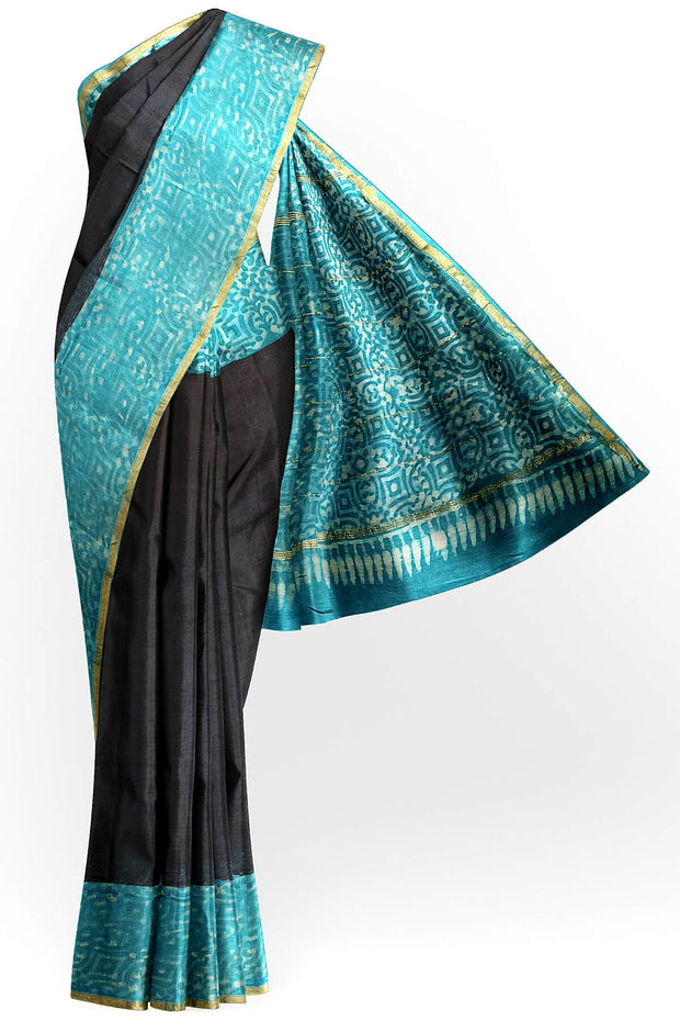 Bagru hand block print on Chanderi silk cotton saree in black