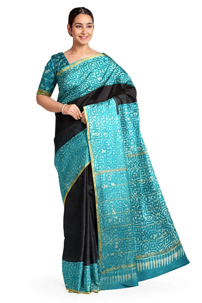 Bagru hand block print on Chanderi silk cotton saree in black