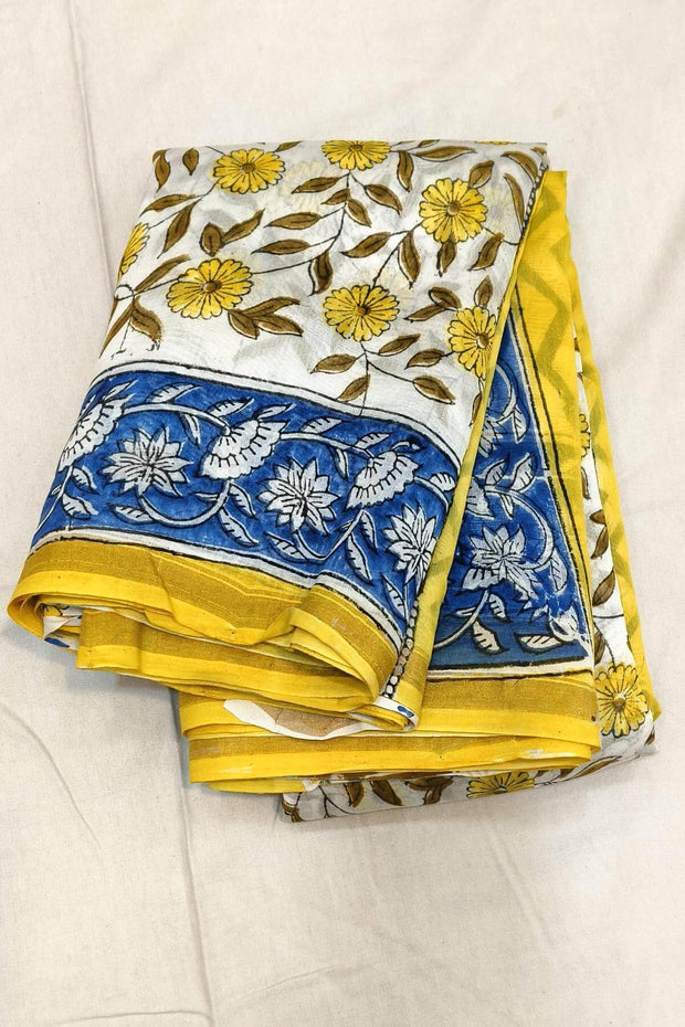 Bagru hand block print on Chanderi silk cotton saree in  cream