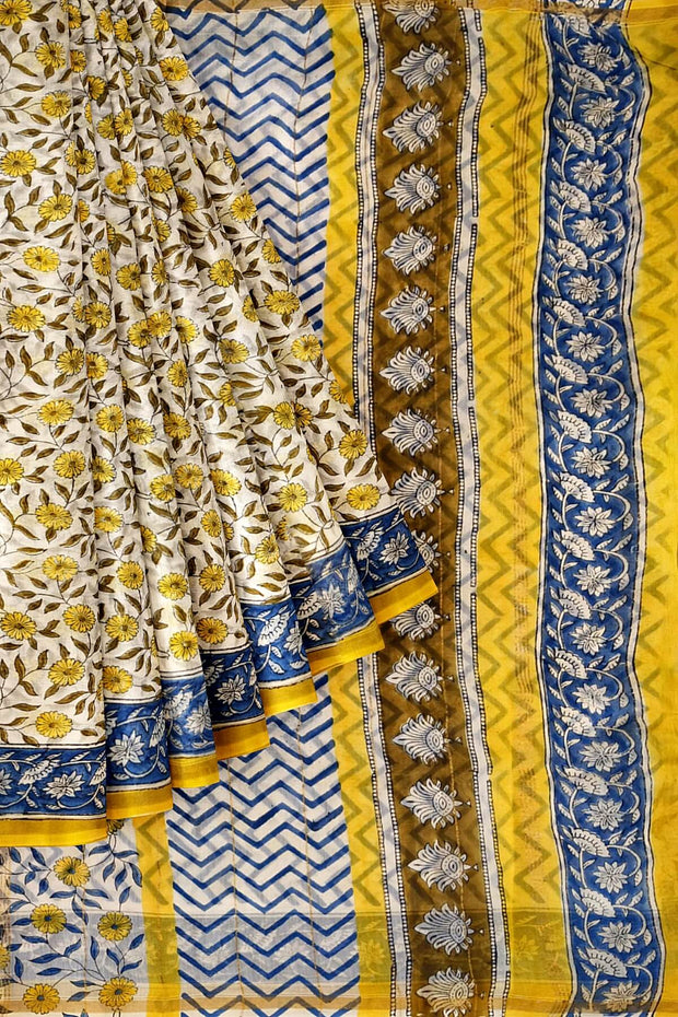 Bagru hand block print on Chanderi silk cotton saree in  cream